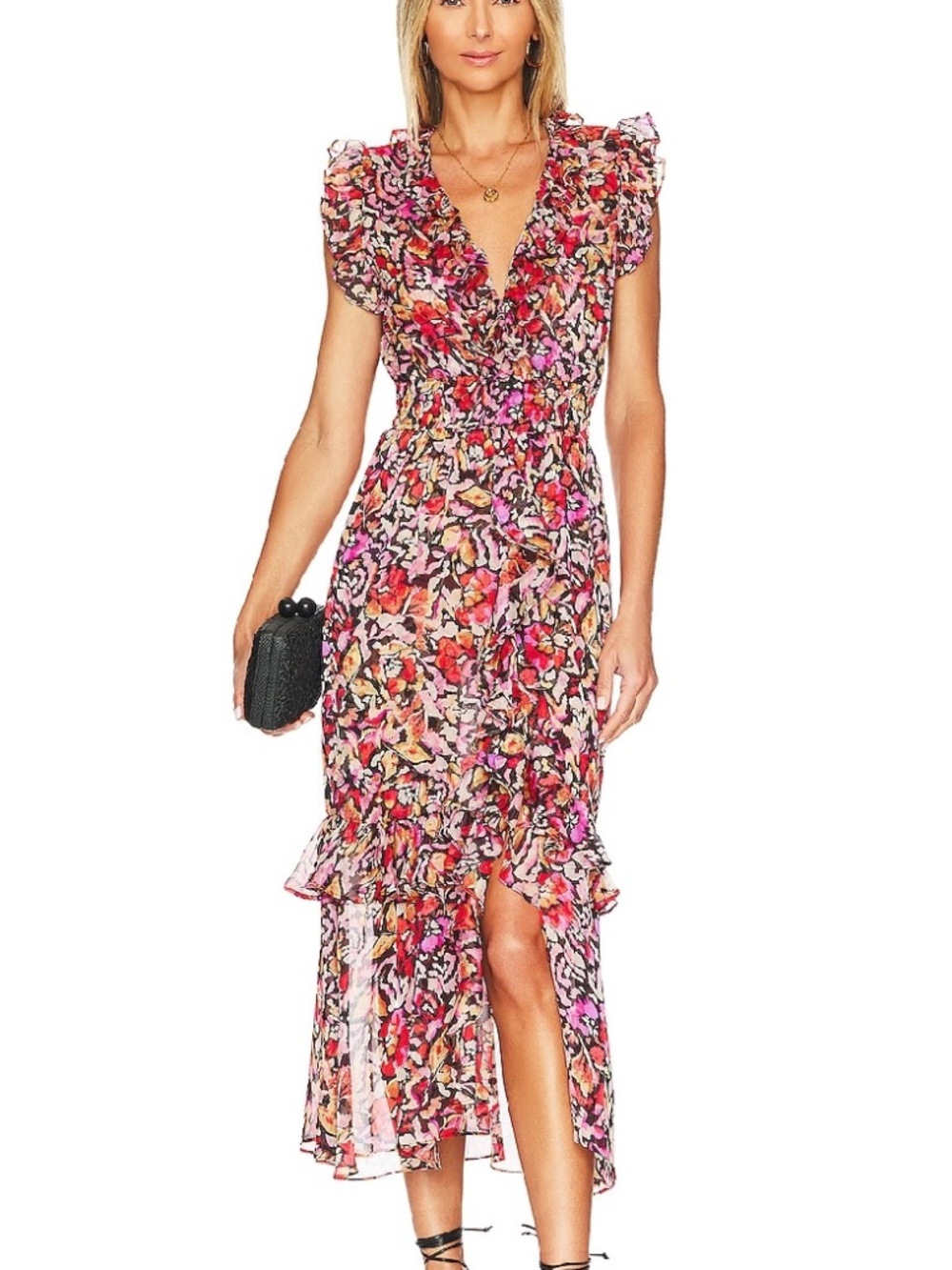 MISA Los Angeles Kidada Fire Flora Ruffle Midi Dress M $396